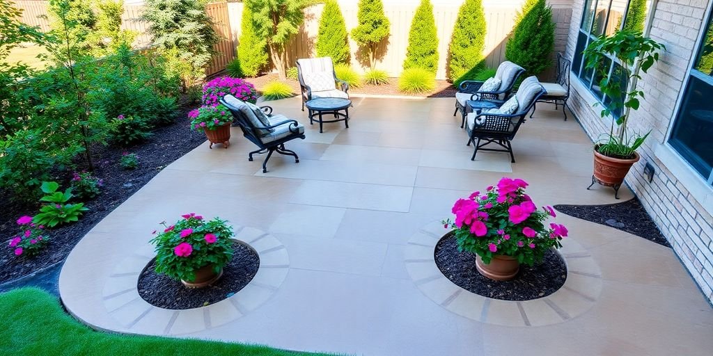 Stylish concrete patio with outdoor furniture and greenery.